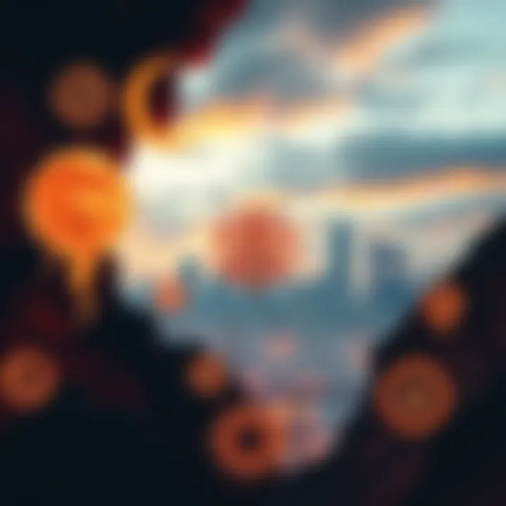 A collage of mystical symbols against a backdrop of a city skyline representing apocalyptic themes.