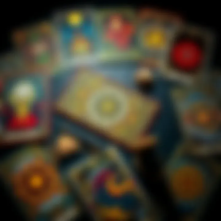 An artistic representation of a tarot card spread featuring intricate designs and symbols that evoke mystery and depth.