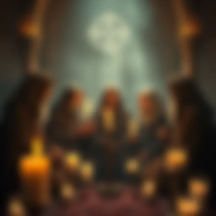 Mystics Discussing Unforgivable Sin A group of mystics deeply engaged in conversation about the concept of the unforgivable sin, surrounded by soft candlelight and spiritual symbols.