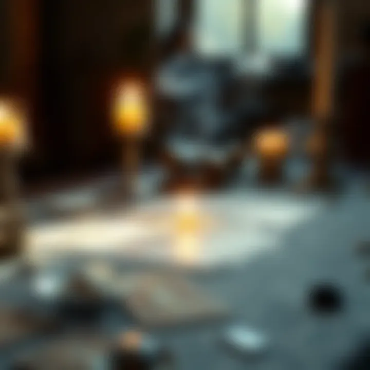 A captivating tarot card spread on a table, illuminated by soft candlelight, surrounded by crystals and incense, evoking the aura of divination and spirituality.