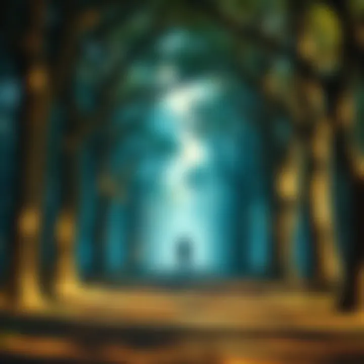 A contemplative scene of a lone figure standing beneath ancient trees, surrounded by ethereal light, symbolizing the exploration of myth in modern spirituality.