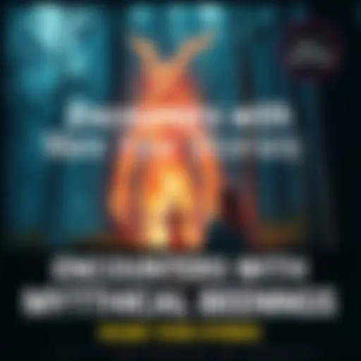 A mystical scene showing a person encountering a glowing mythical creature in a forest