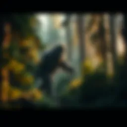 A large, mythical creature resembling Bigfoot walking through a dense, green forest.