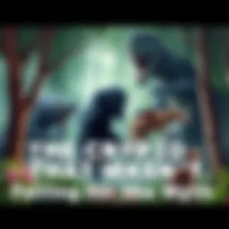 A collage of famous cryptids like Bigfoot, Loch Ness Monster, and Chupacabra depicted in a whimsical forest scene, showcasing their fictional nature.