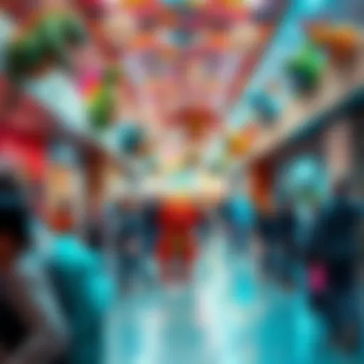 A vibrant mall scene filled with cheerful mythical creatures and animals, showcasing colorful interacting beings in a dreamlike atmosphere.