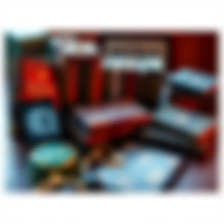 An assortment of electronic devices and books about Greek, Egyptian, Norse, and Japanese mythology arranged on a table.