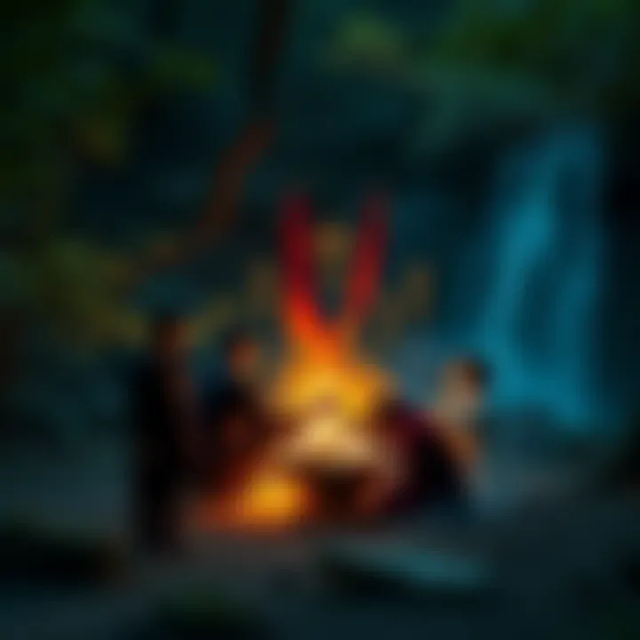 A group of people participating in a modern ritual, surrounded by symbols representing personal values and beliefs, set in a natural environment.