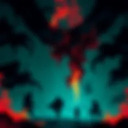 An illustration depicting dark themes in mythology, featuring shadowy figures and abstract representations of violence and conflict, creating a thought-provoking atmosphere.