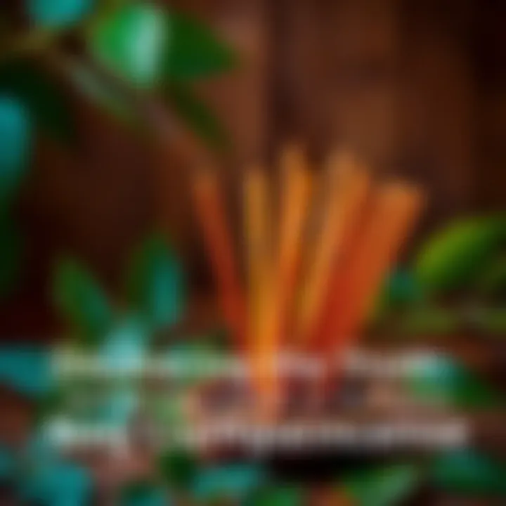 Nag Champa Incense Sticks A close-up of Nag Champa incense sticks with a burning incense holder, surrounded by green leaves and a wooden background.