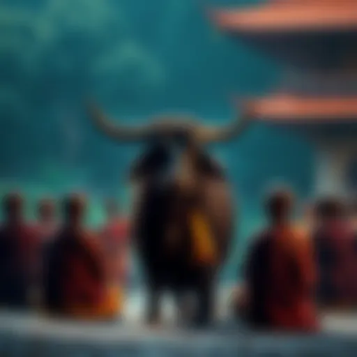 Venerable Nāgasena teaching monks about the four qualities essential for bhikkhus, symbolized by a strong bull.