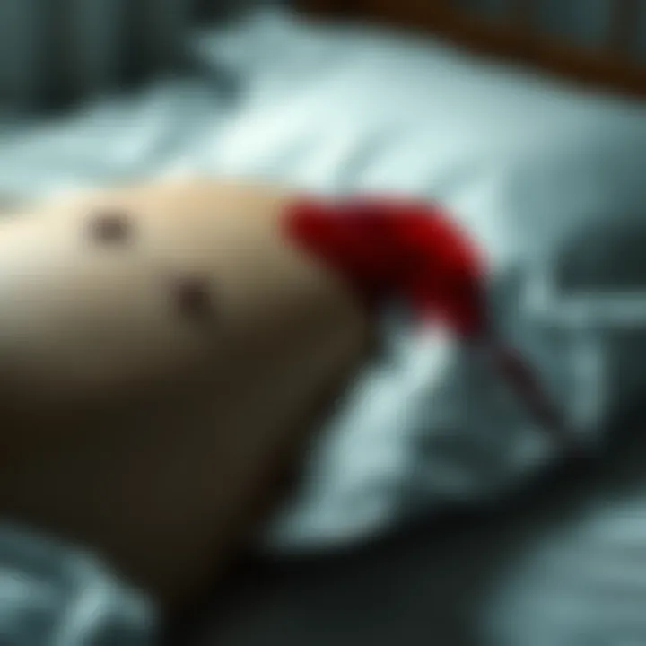 Close-up of a thigh with nail-like marks and a pillow with a wet stain beside it