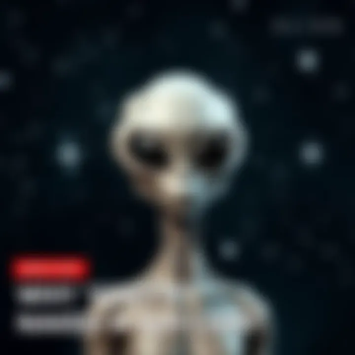 A depiction of a grey alien with a smooth head and large black eyes, standing without clothes against a starry background.