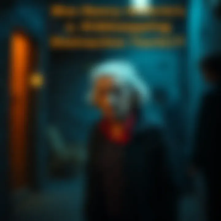 A worried elderly woman stands in a dimly lit area, looking around cautiously as shadows loom nearby, suggesting a tense situation.