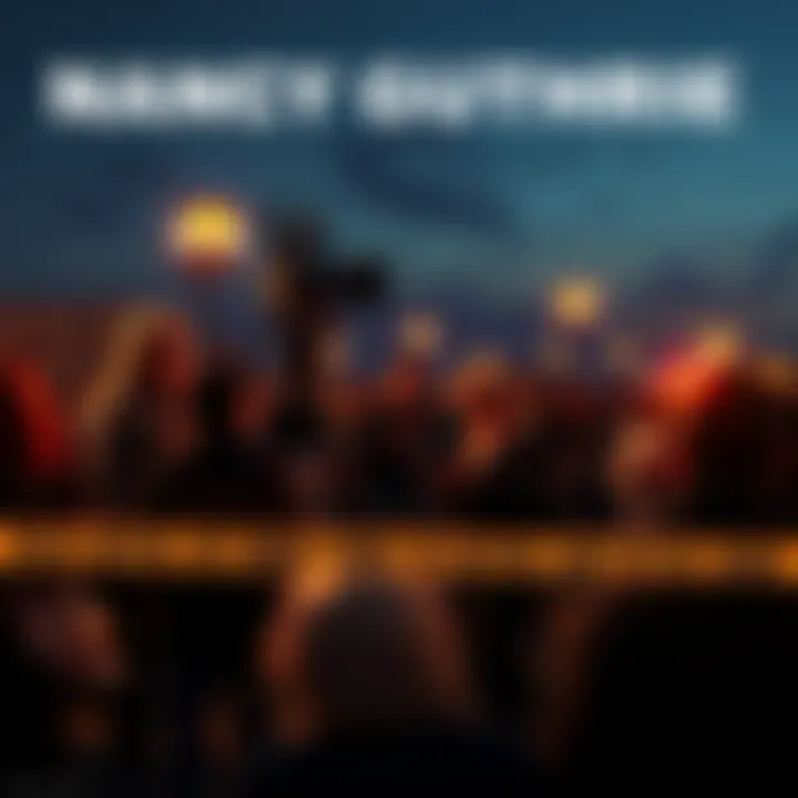 A concerned crowd gathers near a police line in Tucson, with news reporters covering the story of Nancy Guthrie's disappearance.