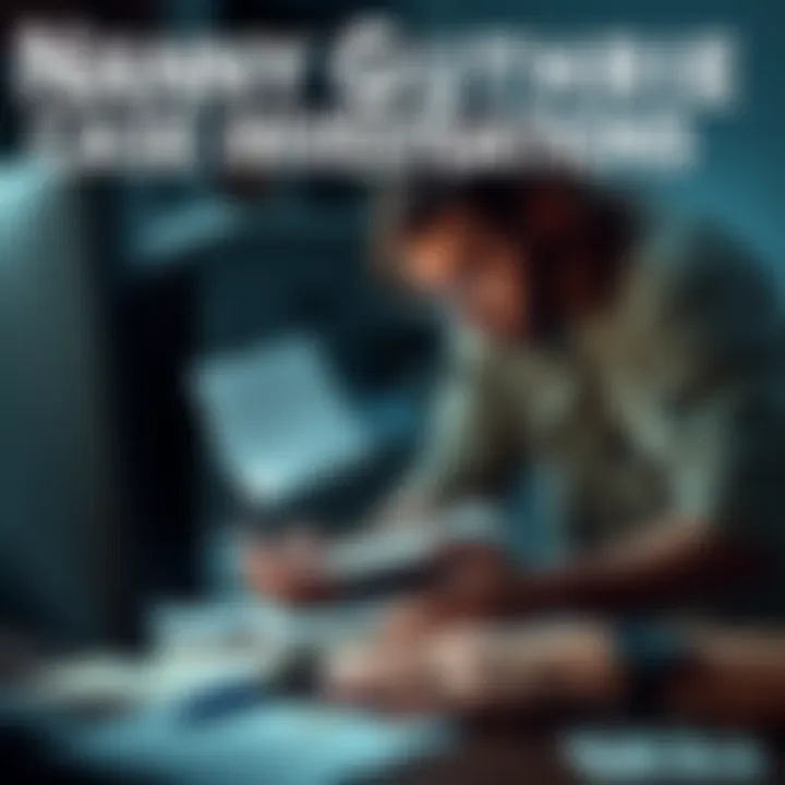 A cryptologic investigator examining evidence related to the Nancy Guthrie case with various documents and a computer, emphasizing the conspiracy aspect.