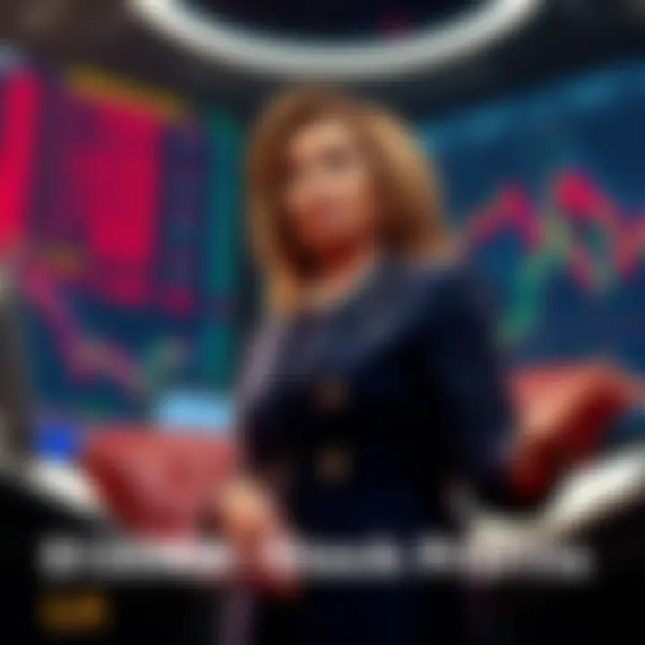 Nancy Pelosi standing with stock market charts and financial documents, showcasing her investment success