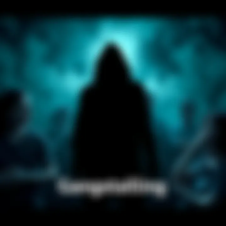 A shadowy figure representing a gangstalker, surrounded by distressed individuals, illustrating the pain caused by their actions.