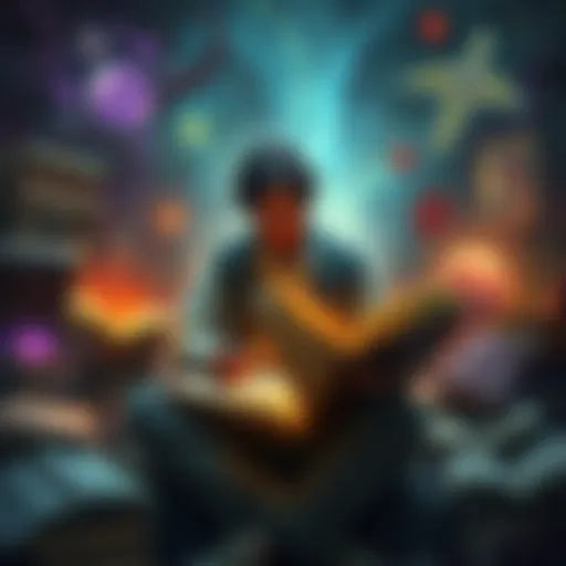 A representation of a writer surrounded by books and mystical symbols, exploring the connection between fiction and the astral realm.