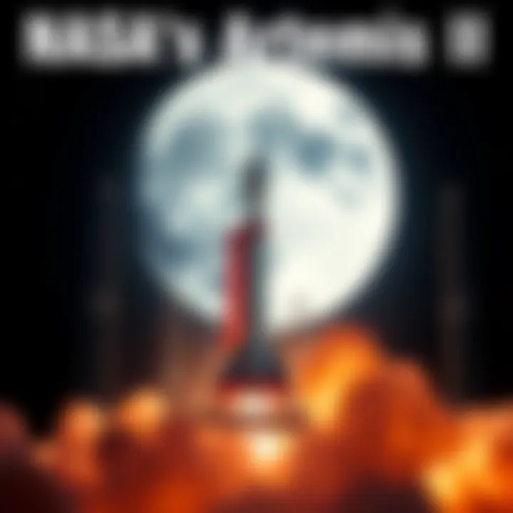 A rocket preparing for launch into space with a backdrop of the moon and stars, representing NASA's Artemis II mission.