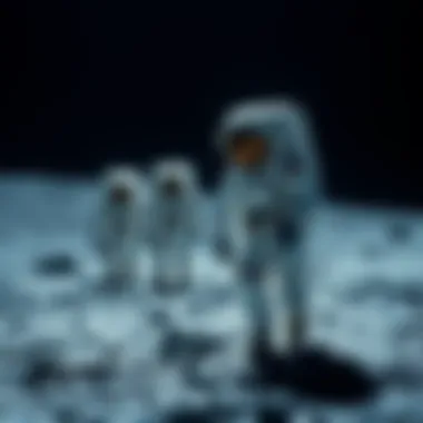 NASA astronauts attempting to walk on the Moon's surface, showing effort and struggle in low gravity