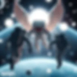 A depiction of astronauts in space interacting with large glowing orbs that resemble angelic beings with wings.