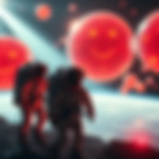 NASA astronauts in space looking at large, glowing orbs with wings and smiles in the distance