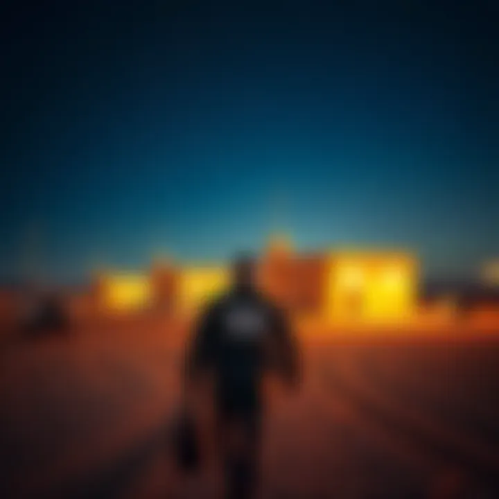 A NASA contractor being escorted out by security at Area 51, with military buildings in the background under a night sky.