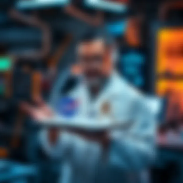 A NASA scientist stands in a lab, presenting a model demonstrating a new force that counteracts gravity, with futuristic equipment in the background.