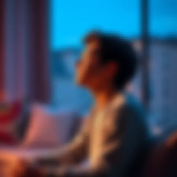 A person sitting calmly with their eyes closed, focused on inhaling through their nose, looking relaxed.