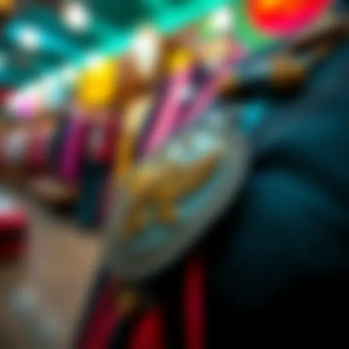 A close-up of a uniquely styled bolo tie showcasing its intricate emblem, set against a backdrop reminiscent of Nashville's vibrant thrift store scene.