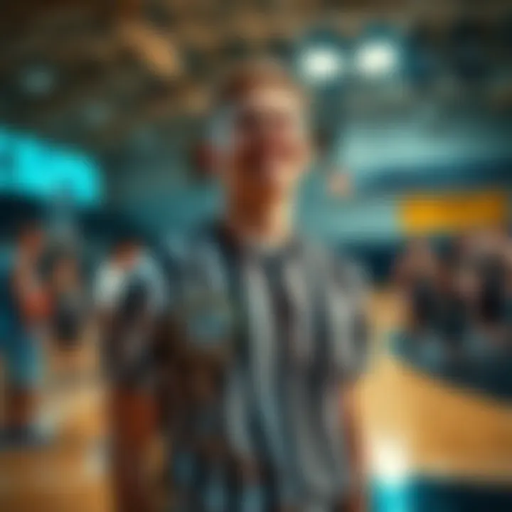 A young man with a whistle, wearing a referee uniform, smiling on a basketball court surrounded by players and friends