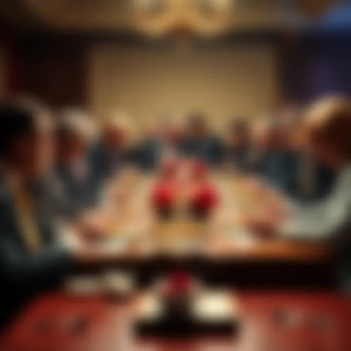 Political Leaders at National Prayer Breakfast A group of politicians and lobbyists gathered around a table at the National Prayer Breakfast, sharing food and engaging in conversation. Some are bowing their heads in prayer while others are smiling...