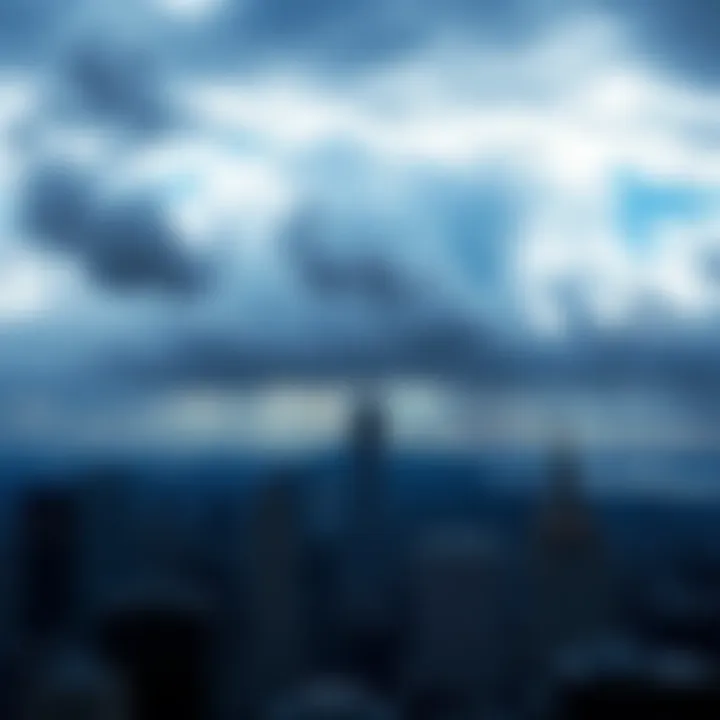 A city skyline under a cloudy sky, symbolizing the tension and vigilance in national security after 9/11.