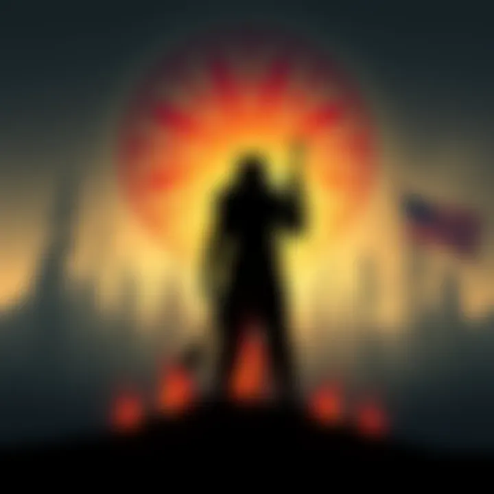 A silhouette of a creature resembling the Dogman standing in a forest, surrounded by Native American symbols and elements, representing folklore.