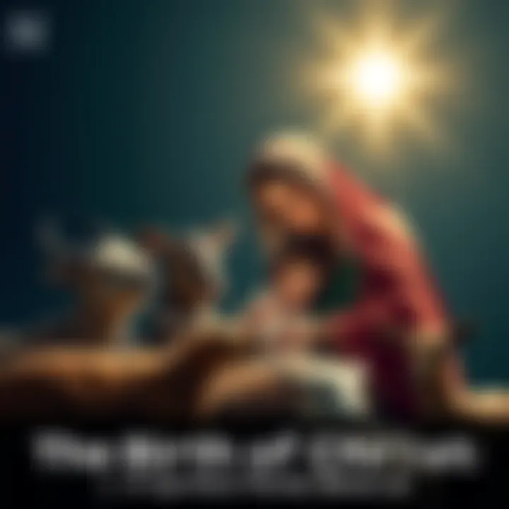 Nativity scene with Mary and baby Jesus A peaceful nativity scene showing Mary holding the baby Jesus surrounded by animals and a bright star above.