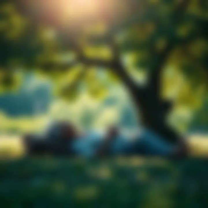 An elderly person peacefully resting under a tree, symbolizing natural death and the cycle of life, with soft light filtering through the leaves.