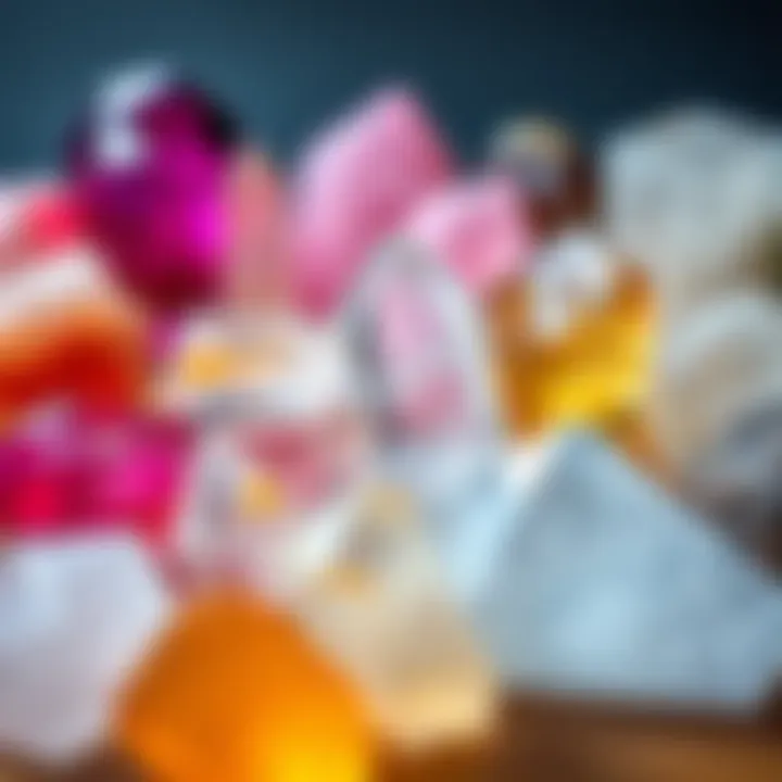 Natural and Heat Treated Quartz Crystals A collection showing natural quartz crystals alongside heat-treated quartz, highlighting color differences and textures.