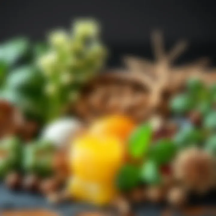 A collection of herbs and plants including Dong Quai and Bai Shao, symbolizing natural remedies for acne and dark spots.
