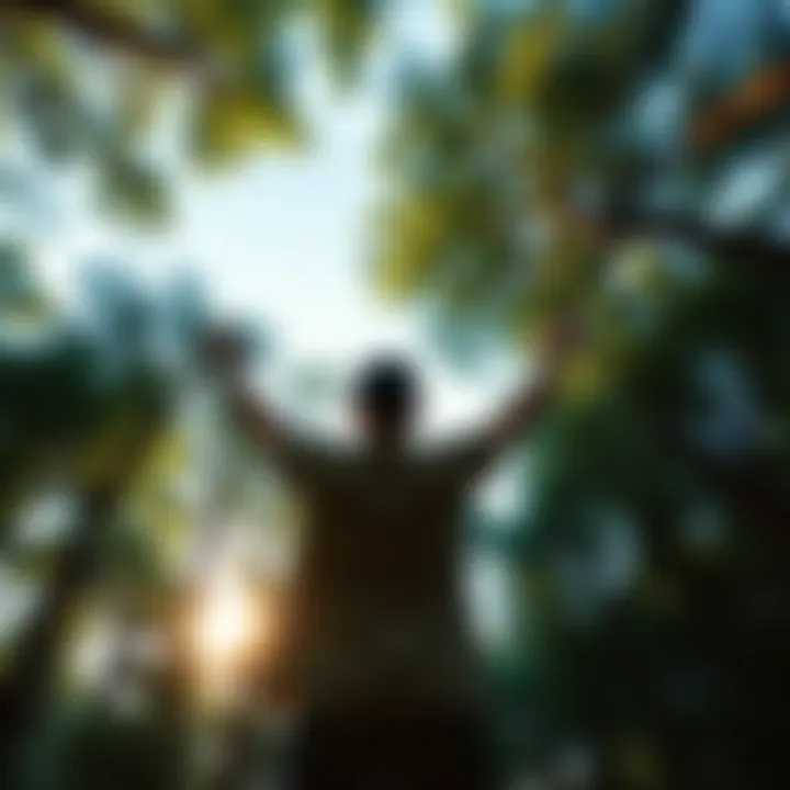 A person standing in a lush forest, arms raised towards the sky, symbolizing connection with nature and spirituality.