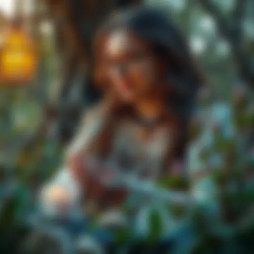 A serene scene featuring a person practicing witchcraft outdoors, surrounded by plants and crystals, symbolizing a connection to nature.