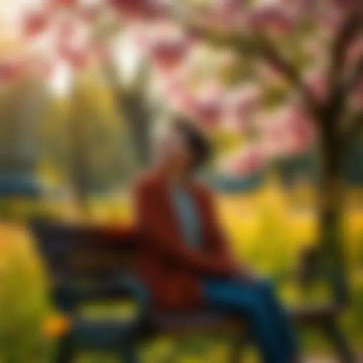 A person enjoying nature A person sitting on a park bench, looking up at blooming flowers with a smile, embracing the beauty around them.