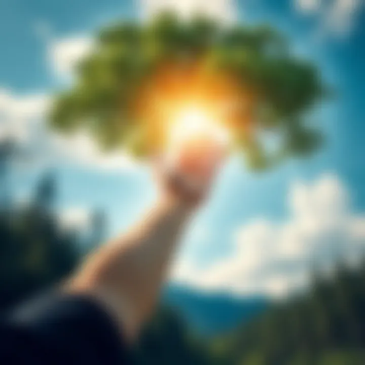 Nature and Humanity Connection A hand reaching out to a tree, symbolizing the bond between humans and nature, with a serene background of forest and sky