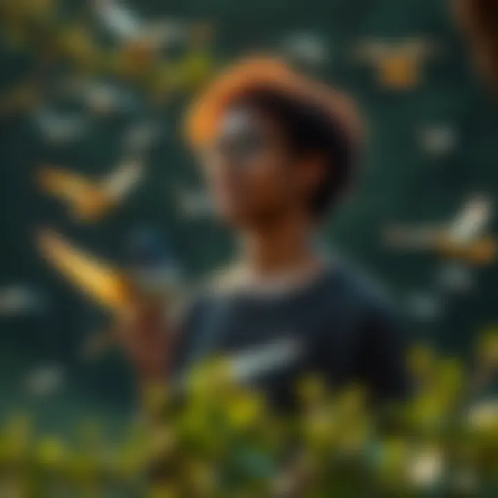 A serene introvert surrounded by trees, observing birds in a peaceful outdoor setting.