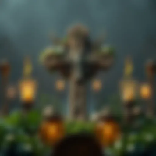 A cross symbol surrounded by greenery and Greek mythology elements, representing the merging of Christianity and paganism.
