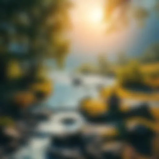 A peaceful nature scene with trees, a flowing stream, and a person meditating by the water