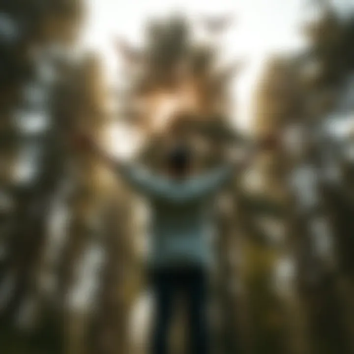 An individual standing among towering trees, arms outstretched towards the sky, embodying a deep spiritual connection to the natural world and its creatures, particularly birds.