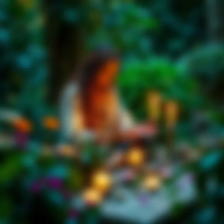 Person performing a spellwork ritual in a lush nature setting, surrounded by plants and flowers, with glowing candles and crystals placed around them.