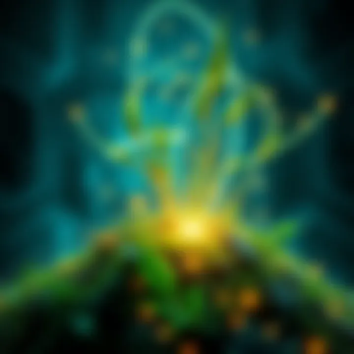 A visual representation of nature and technology coexisting, with greenery blending into circuits and lights, symbolizing evolution and connection.