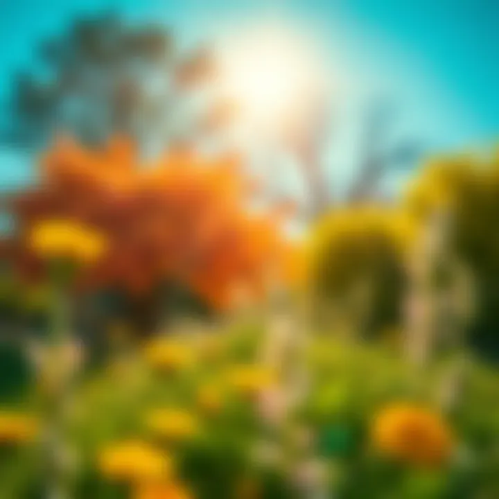 Nature Vibrating in Sunshine A serene outdoor scene showing trees and flowers appearing vibrant and slightly translucent under bright sunlight, suggesting a unique physical reality.