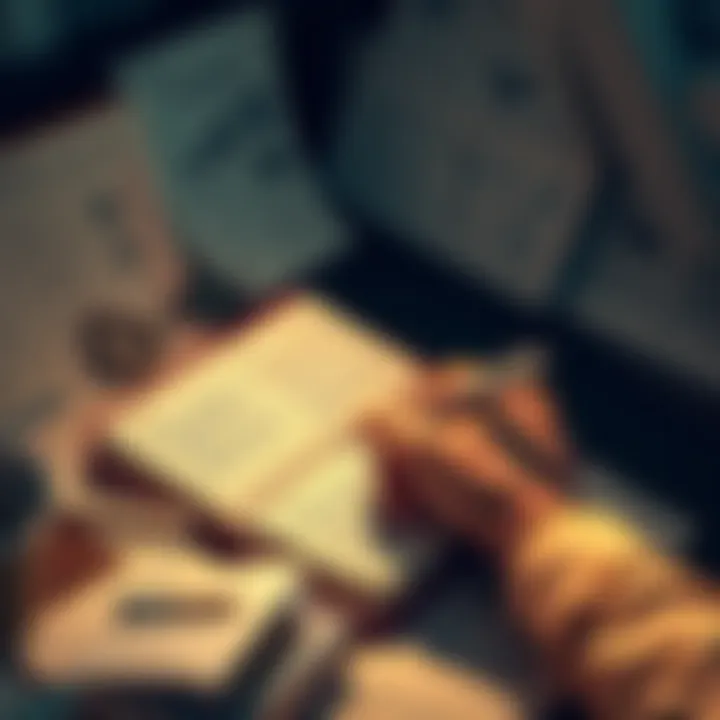 A person writing in a workbook while referencing Naval's almanac, surrounded by notes and ideas, indicating practical application of insights.